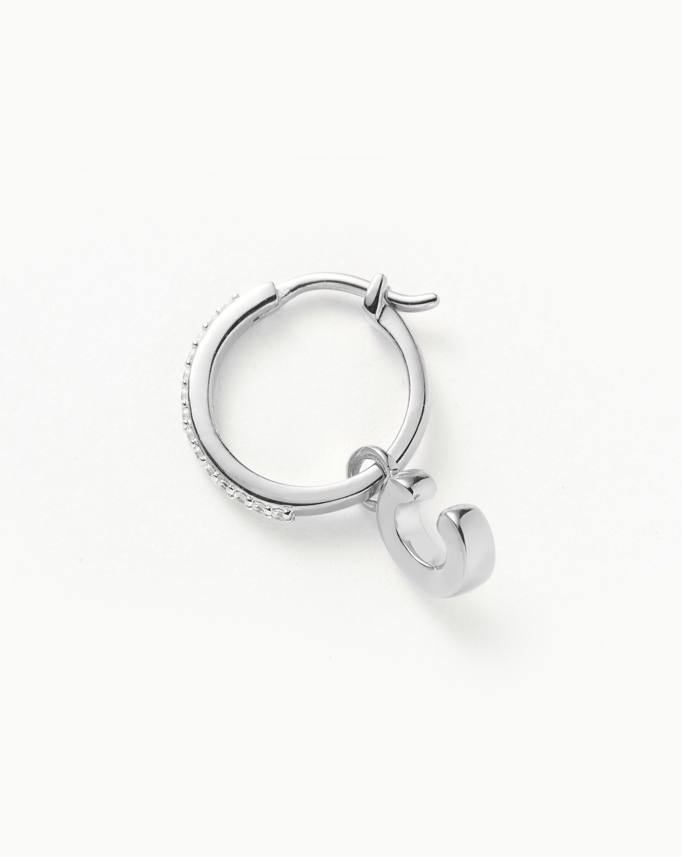 Initial Single Charm Hoop Earring  - Initial C | Sterling Silver