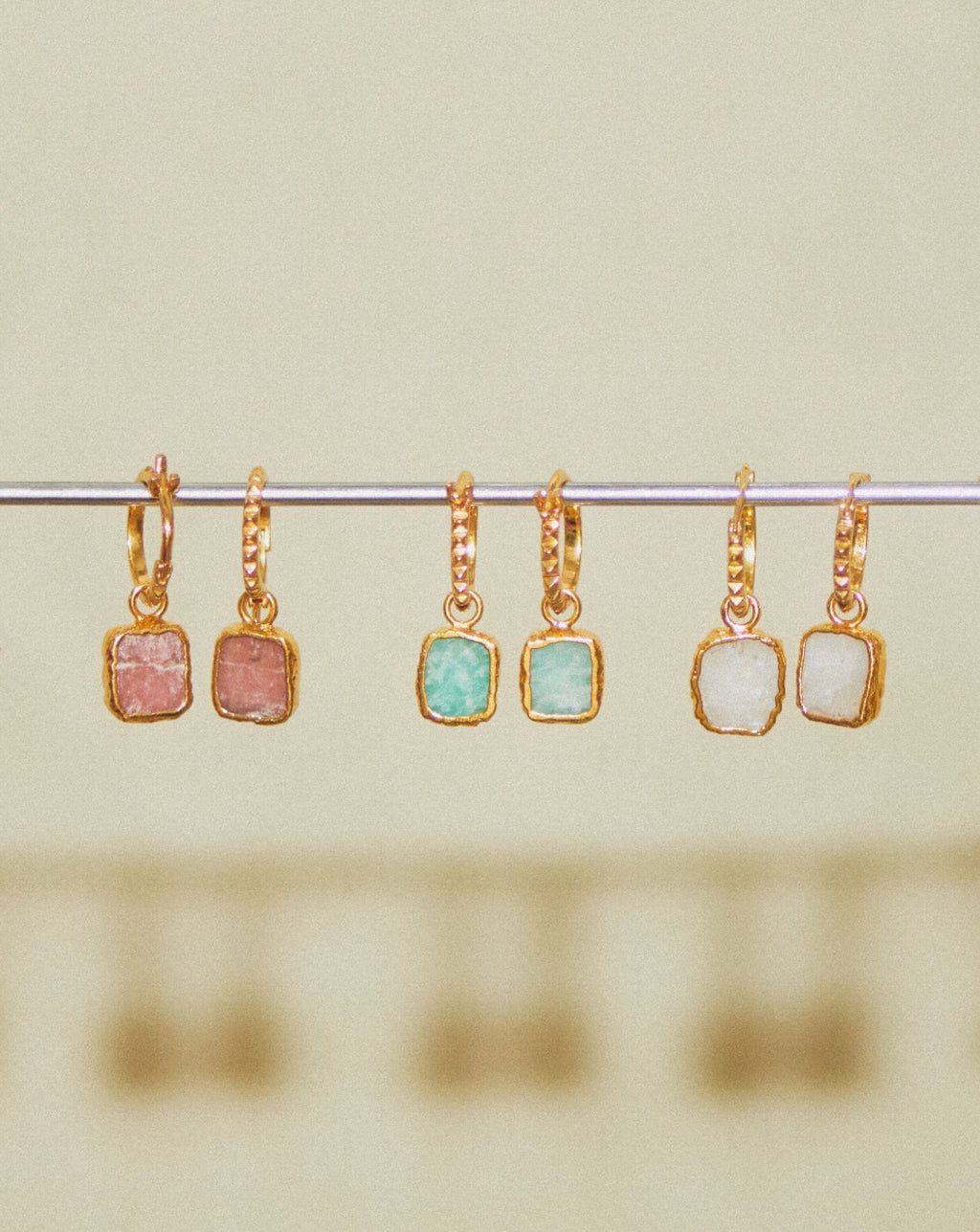 Mini Pyramid Charm Hoop Earrings | 18ct Gold Vermeil/Rhodochrosite